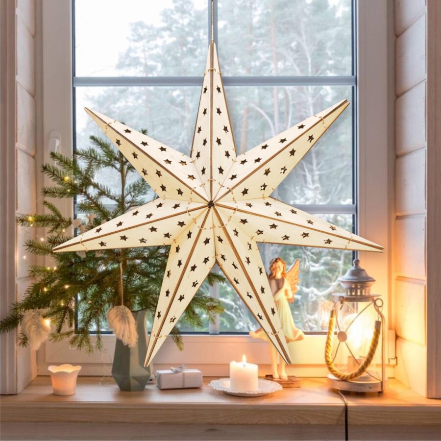 fensterdeko zum hängen, weihnachtsstern, weihnachtsdeko fenster, handgefertigter Holzstern aus Birkenholz, massiv, nicht faltbar, weihnachtsbeleuchtung fenster,stern beleuchtet, fensterdeko weihnachten, led stern, weihnachtsdeko beleuchtet,